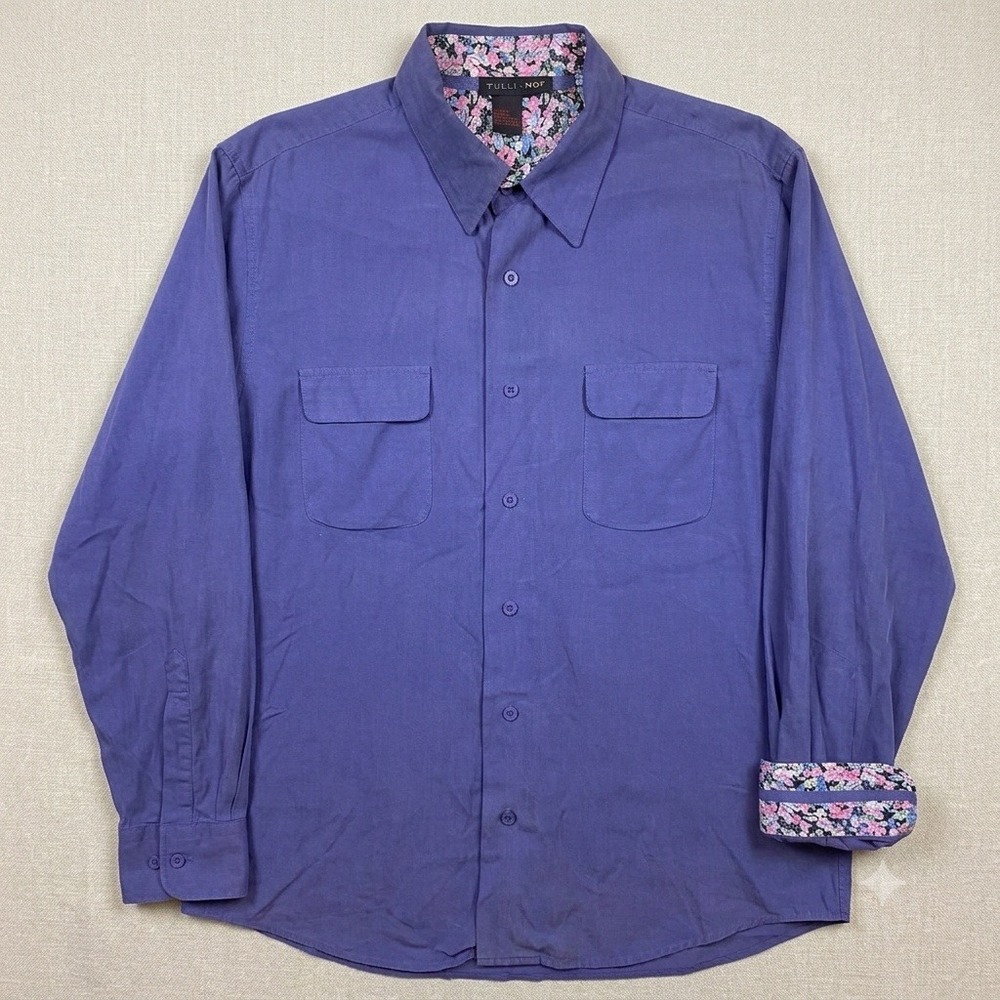 Tulliano Shirt Mens XL Blue 100% Silk‎ Long Sleeve Button Up Floral Cuffs Collar